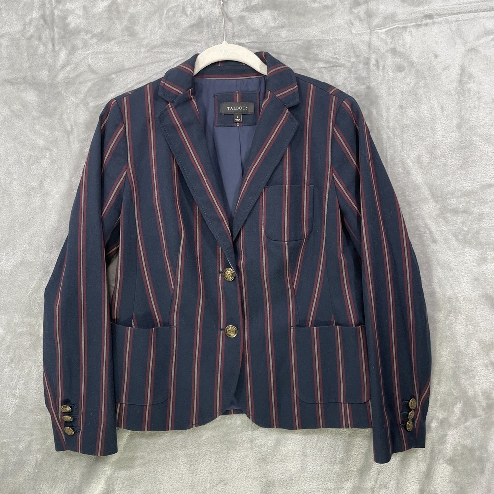 Talbots Blazer Women's Size‎ 8 Navy Red Stripe Cotton Blend Lined Preppy Career